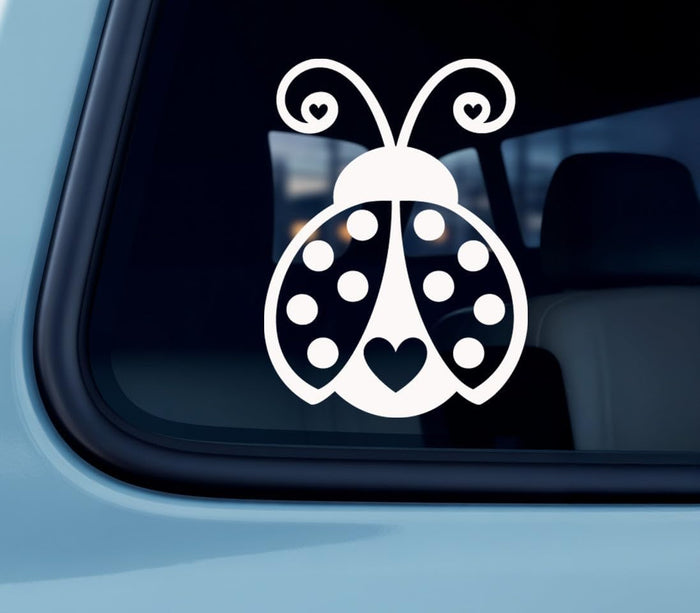 Cute Ladybug Car Window Decal - Adorable Insect Heart Graphic Vinyl Sticker - Nature Inspired Artwork for Auto Glass - Waterproof Outdoor Durable White Design