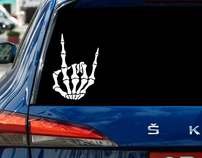 Rock On Skeleton Hand Car Decal - Metal Skull Vinyl Sticker - Skeleton - Spooky - Window Decal for SUV - Laptop - Car - Truck Or Bumper Waterproof 8 Inches