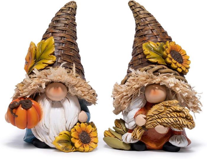 Hodao Thanksgiving Decor Harvest Elf Figurines with Pumpkin Sunflower