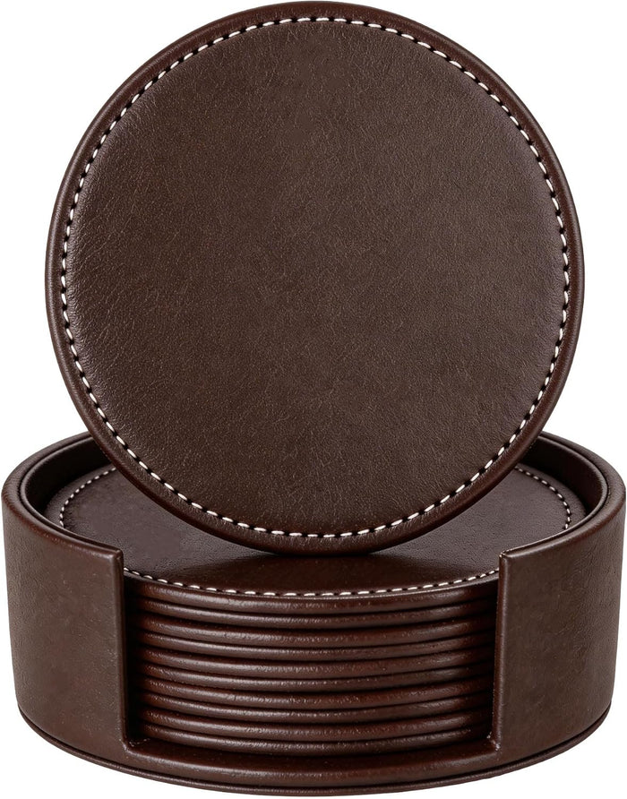 Set of 6 Round Leather Coasters for Drinks with Holder, 4" (Brown)