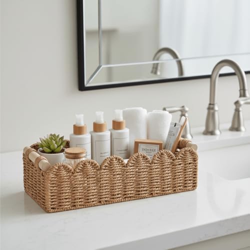 CubesLand Scalloped Toilet Paper Storage Basket W/Handle for Home Decor|B0DQP9K8CD