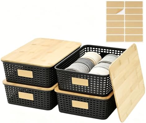 Bagnizer Small Plastic Storage Bins with Bamboo Lids 5.2qt Stackable Box Basket Pantry Decorative Containers Cute with Labels for Organizing Desktop Closet Office Cream White of 6 packs 10*7.2*4.1"|B0D1CFZ5L8