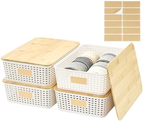 Bagnizer Small Plastic Storage Bins with Bamboo Lids 5.2qt Stackable Box Basket Pantry Decorative Containers Cute with Labels for Organizing Desktop Closet Office Cream White of 6 packs 10*7.2*4.1"|B0D1CFZ5L8