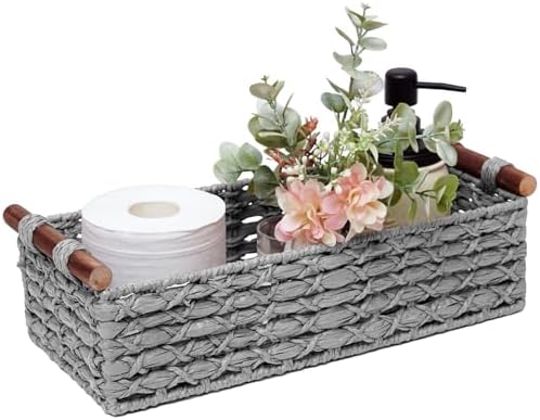 Round Paper Rope Storage Basket Wicker Baskets for Organizing with Handle Decorative Storage Bins for Countertop Toilet Paper Basket for Toilet Tank Top Small Baskets Set,Green|B0CD1JCHVQ