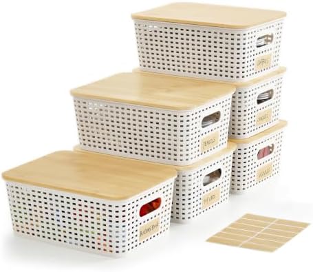 Bagnizer Small Plastic Storage Bins with Bamboo Lids 5.2qt Stackable Box Basket Pantry Decorative Containers Cute with Labels for Organizing Desktop Closet Office Cream White of 6 packs 10*7.2*4.1"|B0D1CFZ5L8
