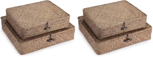 Hipiwe Set of 2 Flat Wicker Storage Basket Bins with Lid Woven Seagrass Box|B08GKMFWM7