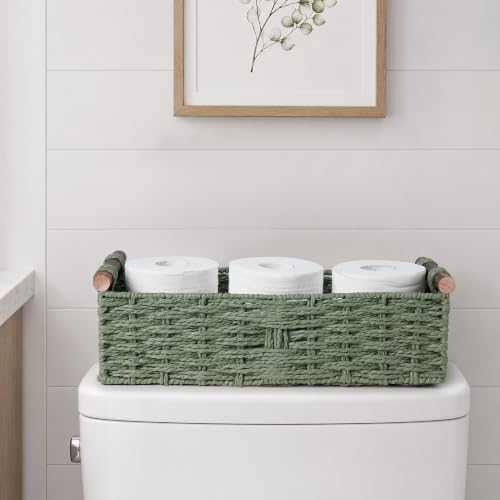 Round Paper Rope Storage Basket Wicker Baskets for Organizing with Handle Decorative Storage Bins for Countertop Toilet Paper Basket for Toilet Tank Top Small Baskets Set,Green|B0CD1JCHVQ