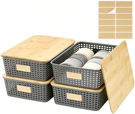 Bagnizer Small Plastic Storage Bins with Bamboo Lids 5.2qt Stackable Box Basket Pantry Decorative Containers Cute with Labels for Organizing Desktop Closet Office Cream White of 6 packs 10*7.2*4.1"|B0D1CFZ5L8