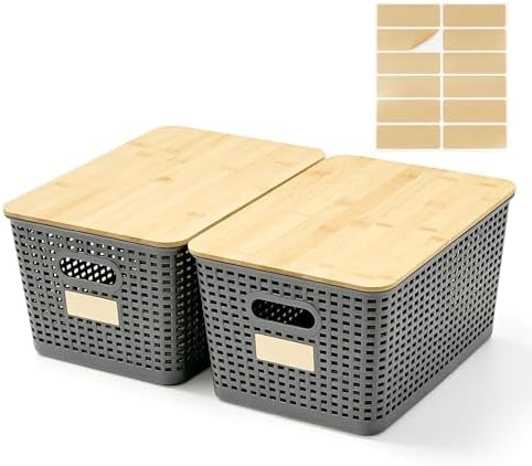 Bagnizer Small Plastic Storage Bins with Bamboo Lids 5.2qt Stackable Box Basket Pantry Decorative Containers Cute with Labels for Organizing Desktop Closet Office Cream White of 6 packs 10*7.2*4.1"|B0D1CFZ5L8