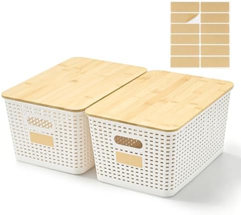 Bagnizer Small Plastic Storage Bins with Bamboo Lids 5.2qt Stackable Box Basket Pantry Decorative Containers Cute with Labels for Organizing Desktop Closet Office Cream White of 6 packs 10*7.2*4.1"|B0D1CFZ5L8