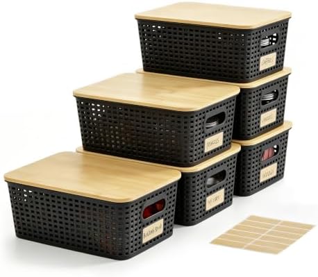 Bagnizer Small Plastic Storage Bins with Bamboo Lids 5.2qt Stackable Box Basket Pantry Decorative Containers Cute with Labels for Organizing Desktop Closet Office Cream White of 6 packs 10*7.2*4.1"|B0D1CFZ5L8
