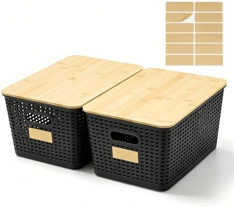 Bagnizer Small Plastic Storage Bins with Bamboo Lids 5.2qt Stackable Box Basket Pantry Decorative Containers Cute with Labels for Organizing Desktop Closet Office Cream White of 6 packs 10*7.2*4.1"|B0D1CFZ5L8