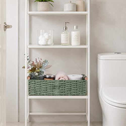 Round Paper Rope Storage Basket Wicker Baskets for Organizing with Handle Decorative Storage Bins for Countertop Toilet Paper Basket for Toilet Tank Top Small Baskets Set,Green|B0CD1JCHVQ