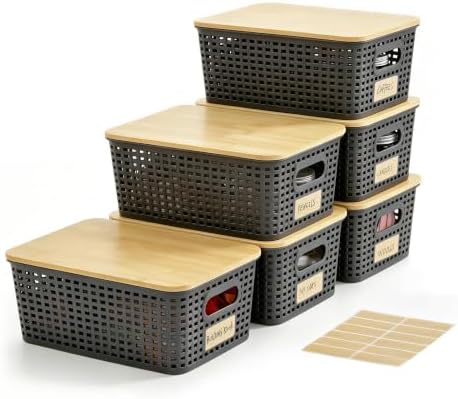 Bagnizer Small Plastic Storage Bins with Bamboo Lids 5.2qt Stackable Box Basket Pantry Decorative Containers Cute with Labels for Organizing Desktop Closet Office Cream White of 6 packs 10*7.2*4.1"|B0D1CFZ5L8