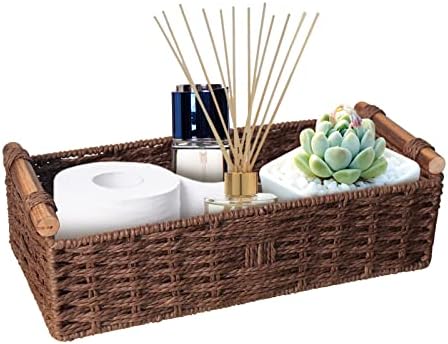 Round Paper Rope Storage Basket Wicker Baskets for Organizing with Handle Decorative Storage Bins for Countertop Toilet Paper Basket for Toilet Tank Top Small Baskets Set,Green|B0CD1JCHVQ