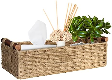 Round Paper Rope Storage Basket Wicker Baskets for Organizing with Handle Decorative Storage Bins for Countertop Toilet Paper Basket for Toilet Tank Top Small Baskets Set,Green|B0CD1JCHVQ