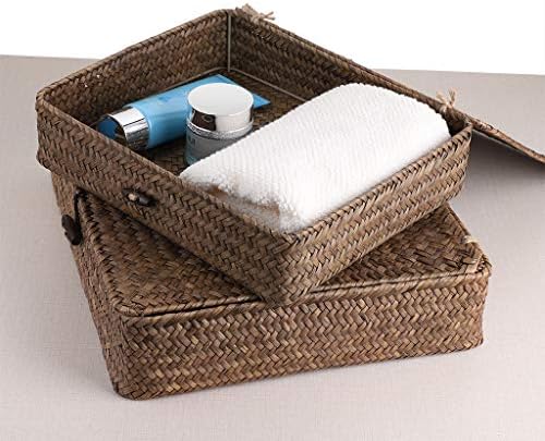 Hipiwe Set of 2 Flat Wicker Storage Basket Bins with Lid Woven Seagrass Box|B08GKMFWM7