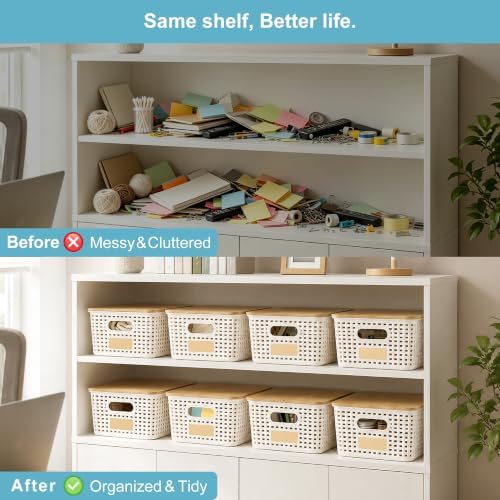 Bagnizer Small Plastic Storage Bins with Bamboo Lids 5.2qt Stackable Box Basket Pantry Decorative Containers Cute with Labels for Organizing Desktop Closet Office Cream White of 6 packs 10*7.2*4.1"|B0D1CFZ5L8