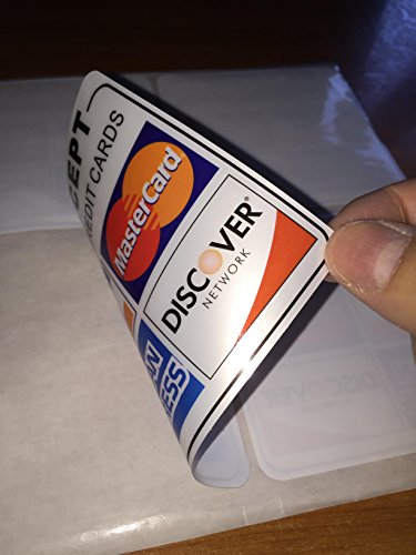 Printed on Adhesive Side, Outdoor/Indoor (4 Pack) 3.5"x3.5" - We Accept All Major Credit Cards: Visa, MasterCard, Amex, Discover - Store Shop Cashier Payment Notice Sign Adhesive Vinyl Label Sticker