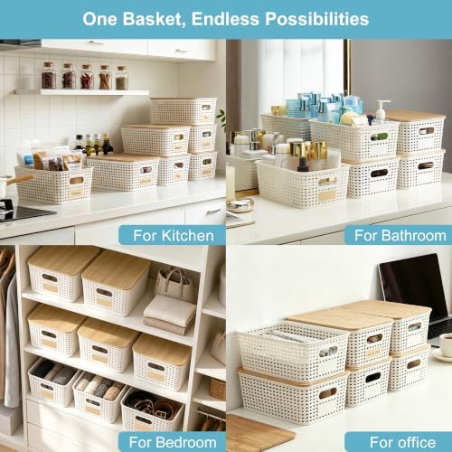 Bagnizer Small Plastic Storage Bins with Bamboo Lids 5.2qt Stackable Box Basket Pantry Decorative Containers Cute with Labels for Organizing Desktop Closet Office Cream White of 6 packs 10*7.2*4.1"|B0D1CFZ5L8