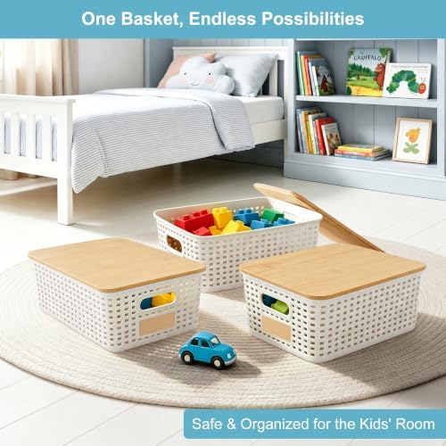 Bagnizer Small Plastic Storage Bins with Bamboo Lids 5.2qt Stackable Box Basket Pantry Decorative Containers Cute with Labels for Organizing Desktop Closet Office Cream White of 6 packs 10*7.2*4.1"|B0D1CFZ5L8