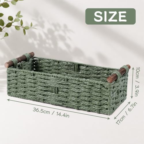 Round Paper Rope Storage Basket Wicker Baskets for Organizing with Handle Decorative Storage Bins for Countertop Toilet Paper Basket for Toilet Tank Top Small Baskets Set,Green|B0CD1JCHVQ