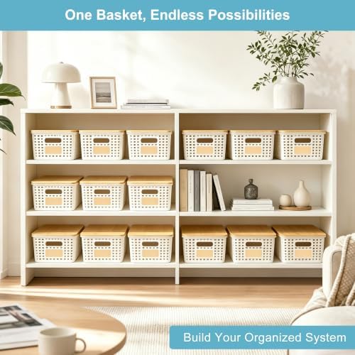 Bagnizer Small Plastic Storage Bins with Bamboo Lids 5.2qt Stackable Box Basket Pantry Decorative Containers Cute with Labels for Organizing Desktop Closet Office Cream White of 6 packs 10*7.2*4.1"|B0D1CFZ5L8