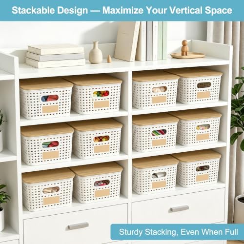 Bagnizer Small Plastic Storage Bins with Bamboo Lids 5.2qt Stackable Box Basket Pantry Decorative Containers Cute with Labels for Organizing Desktop Closet Office Cream White of 6 packs 10*7.2*4.1"|B0D1CFZ5L8