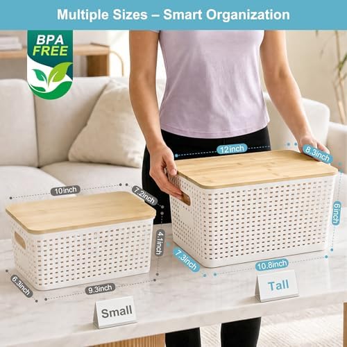 Bagnizer Small Plastic Storage Bins with Bamboo Lids 5.2qt Stackable Box Basket Pantry Decorative Containers Cute with Labels for Organizing Desktop Closet Office Cream White of 6 packs 10*7.2*4.1"|B0D1CFZ5L8