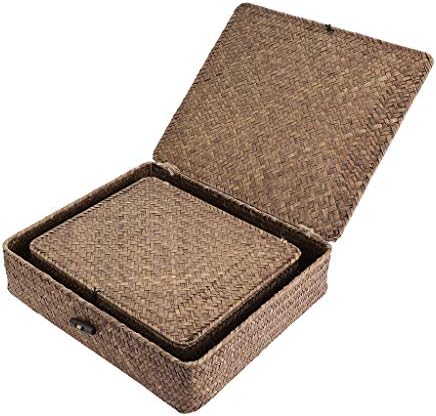 Hipiwe Set of 2 Flat Wicker Storage Basket Bins with Lid Woven Seagrass Box|B08GKMFWM7