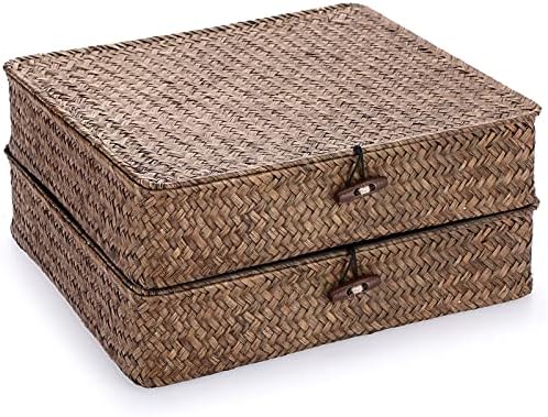 Hipiwe Set of 2 Flat Wicker Storage Basket Bins with Lid Woven Seagrass Box|B08GKMFWM7