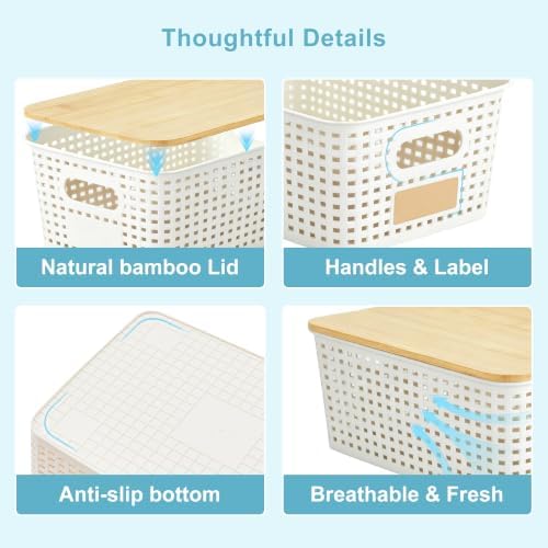 Bagnizer Small Plastic Storage Bins with Bamboo Lids 5.2qt Stackable Box Basket Pantry Decorative Containers Cute with Labels for Organizing Desktop Closet Office Cream White of 6 packs 10*7.2*4.1"|B0D1CFZ5L8