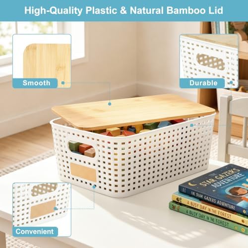 Bagnizer Small Plastic Storage Bins with Bamboo Lids 5.2qt Stackable Box Basket Pantry Decorative Containers Cute with Labels for Organizing Desktop Closet Office Cream White of 6 packs 10*7.2*4.1"|B0D1CFZ5L8