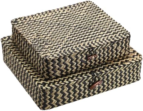 Hipiwe Set of 2 Flat Wicker Storage Basket Bins with Lid Woven Seagrass Box|B08GKMFWM7