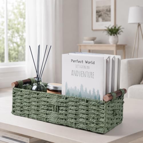 Round Paper Rope Storage Basket Wicker Baskets for Organizing with Handle Decorative Storage Bins for Countertop Toilet Paper Basket for Toilet Tank Top Small Baskets Set,Green|B0CD1JCHVQ