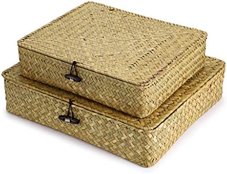 Hipiwe Set of 2 Flat Wicker Storage Basket Bins with Lid Woven Seagrass Box|B08GKMFWM7