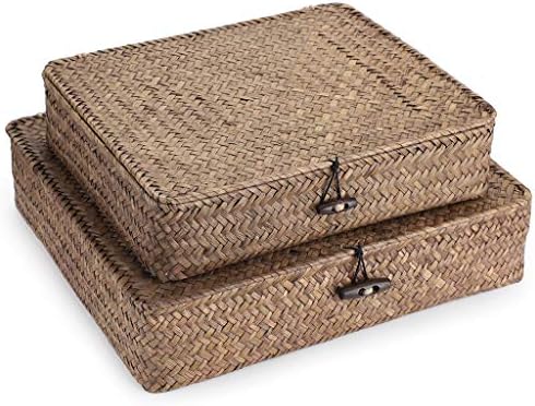 Hipiwe Set of 2 Flat Wicker Storage Basket Bins with Lid Woven Seagrass Box|B08GKMFWM7