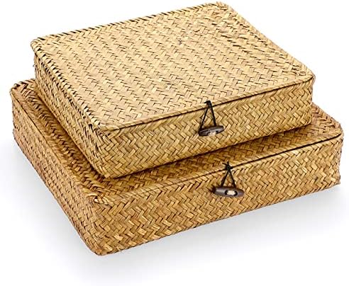Hipiwe Set of 2 Flat Wicker Storage Basket Bins with Lid Woven Seagrass Box|B08GKMFWM7