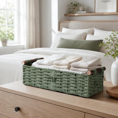 Round Paper Rope Storage Basket Wicker Baskets for Organizing with Handle Decorative Storage Bins for Countertop Toilet Paper Basket for Toilet Tank Top Small Baskets Set,Green|B0CD1JCHVQ