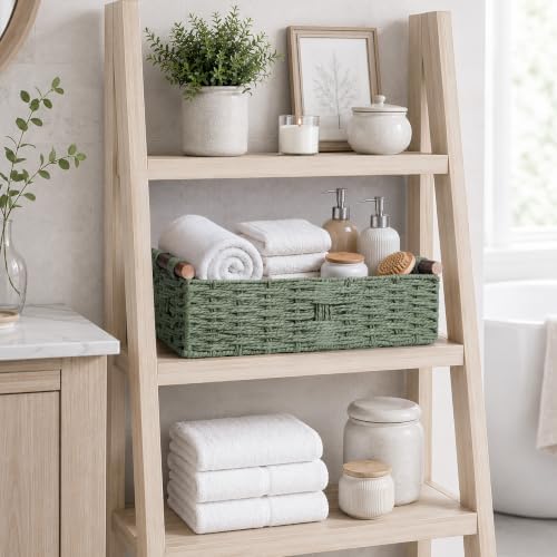 Round Paper Rope Storage Basket Wicker Baskets for Organizing with Handle Decorative Storage Bins for Countertop Toilet Paper Basket for Toilet Tank Top Small Baskets Set,Green|B0CD1JCHVQ
