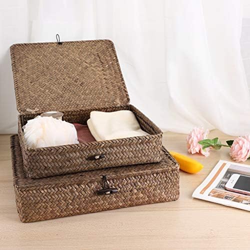 Hipiwe Set of 2 Flat Wicker Storage Basket Bins with Lid Woven Seagrass Box|B08GKMFWM7