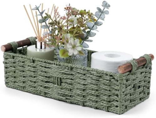 Round Paper Rope Storage Basket Wicker Baskets for Organizing with Handle Decorative Storage Bins for Countertop Toilet Paper Basket for Toilet Tank Top Small Baskets Set,Green|B0CD1JCHVQ