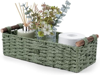 Round Paper Rope Storage Basket Wicker Baskets for Organizing with Handle Decorative Storage Bins for Countertop Toilet Paper Basket for Toilet Tank Top Small Baskets Set,Green