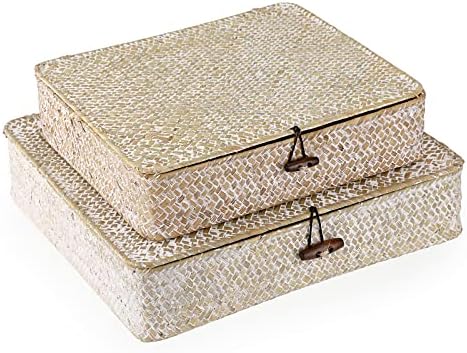 Hipiwe Set of 2 Flat Wicker Storage Basket Bins with Lid Woven Seagrass Box|B08GKMFWM7