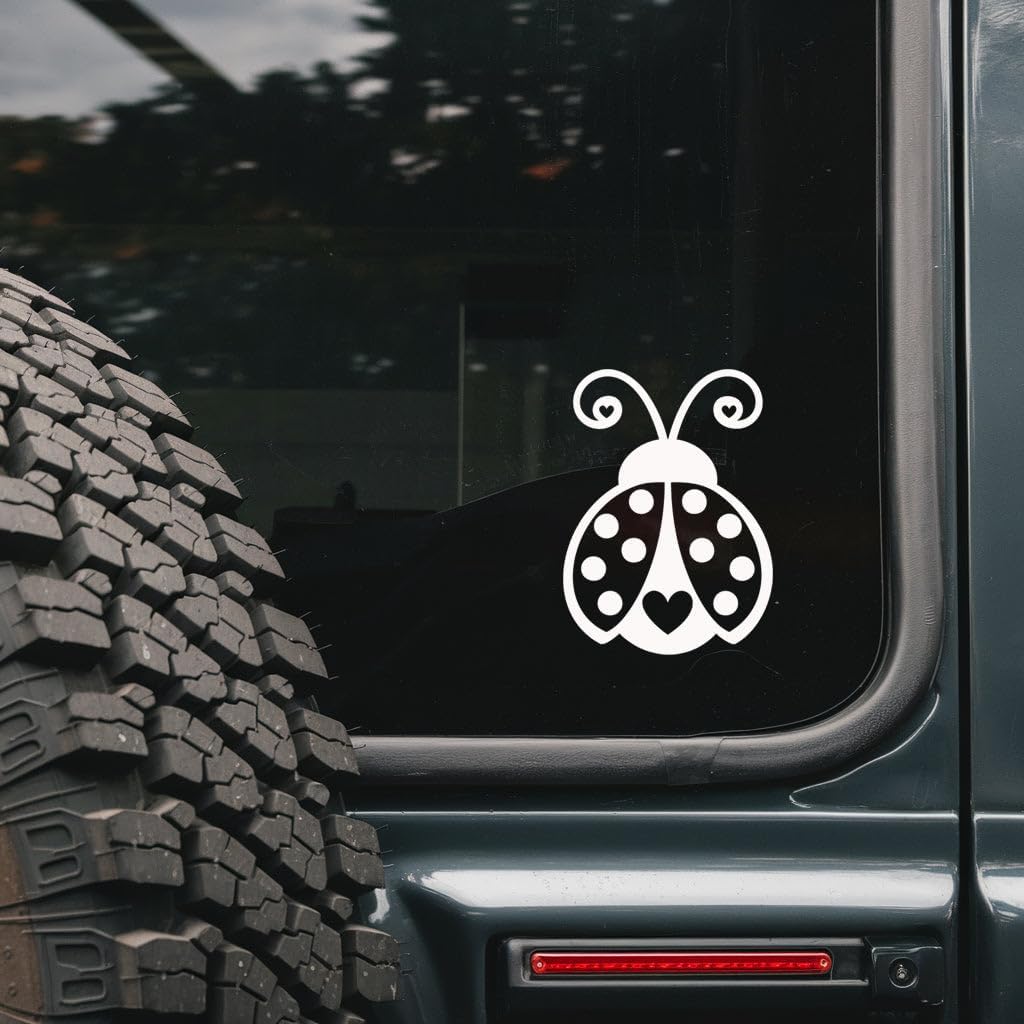 Cute Ladybug Car Window Decal - Adorable Insect Heart Graphic Vinyl Sticker - Nature Inspired Artwork for Auto Glass - Waterproof Outdoor Durable White Design