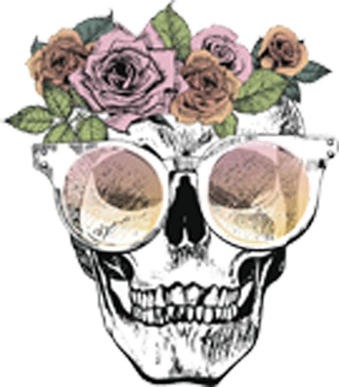 Happy Cute Girly Rose Floral Skull Drawing Vinyl Decal Sticker (4" Tall)