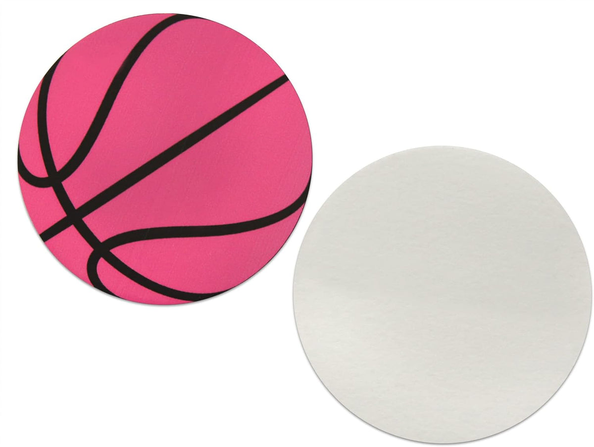 Novel Merk Pink Basketball Sports Ball Vinyl Stickers - 2” Round Individual Decals for Laptop, Water Bottle, Phone, Party Favors, & Decor - Adheres to Clean Surfaces Waterproof & Repositionable (20