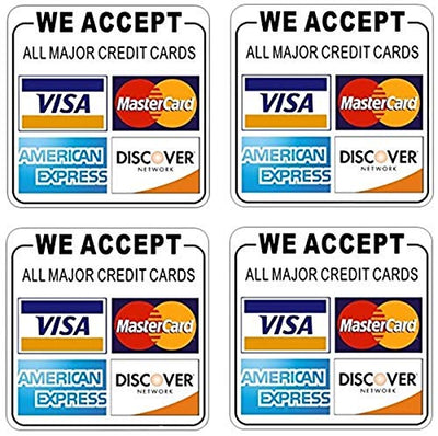 Printed on Adhesive Side, Outdoor/Indoor (4 Pack) 3.5"x3.5" - We Accept All Major Credit Cards: Visa, MasterCard, Amex, Discover - Store Shop Cashier Payment Notice Sign Adhesive Vinyl Label Sticker