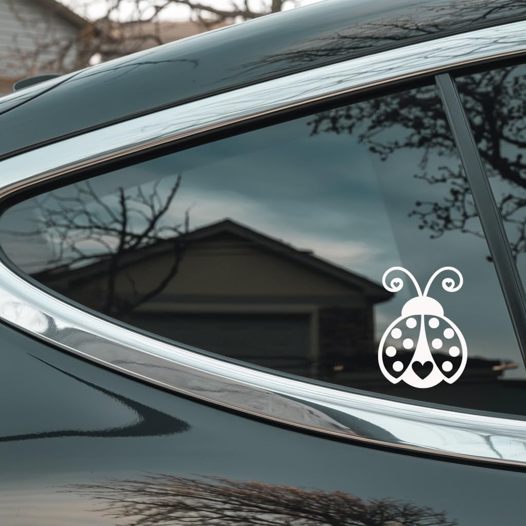 Cute Ladybug Car Window Decal - Adorable Insect Heart Graphic Vinyl Sticker - Nature Inspired Artwork for Auto Glass - Waterproof Outdoor Durable White Design