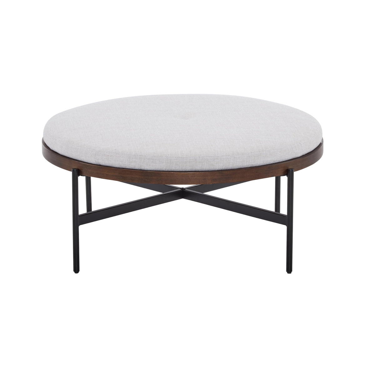 Christopher Knight Home Neapo Round Ottoman, Cocktail Ottoman, Upholstery Coffee Table, X Shape Legs, Comfortable Footstool, Durable Metal Frame, Spacious Seating for Living Room Entryway, Beige+Black